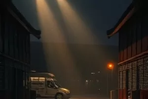 修复台灯照亮的旧木箱与打磨工具